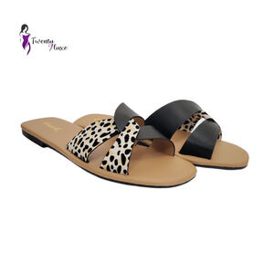 Qupid Womens Slip-On Black Animal Print Flat Two-Tone Sandals